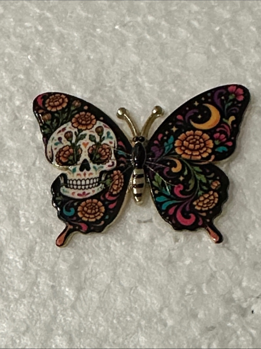 Decorative Sugar Skull Butterfly Pin in Black and Multicolor